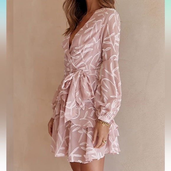 Women's Spring Deep V-Neck Ruffle Hem Swing Mini Dresses Long Sleeve with Zipper - Picture 3 of 10